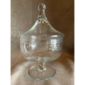 Vintage Clear Glass Crystal Pedestal Candy Dish with Etched Leaves 8” X 4.5”
